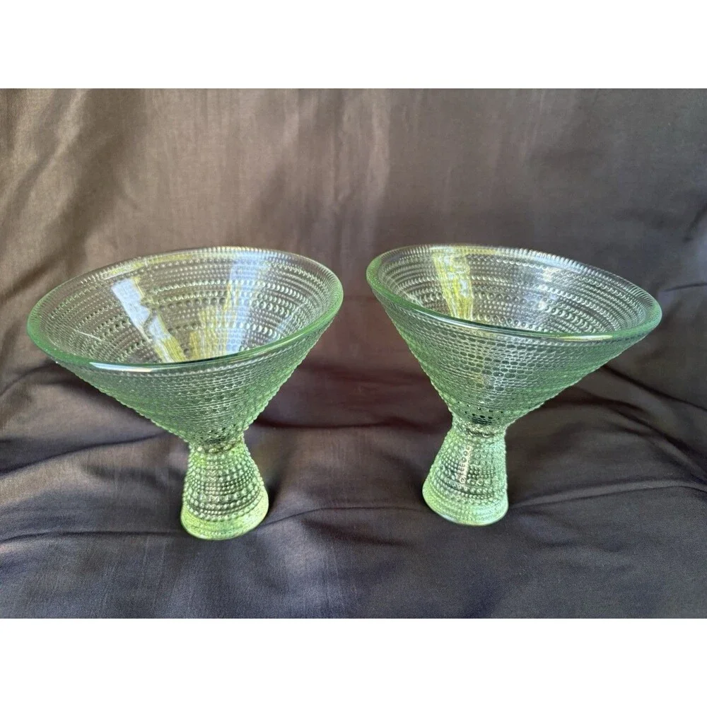 Unmarked Set of 2 Green Textured Glass Martini Glasses 5in Diameter